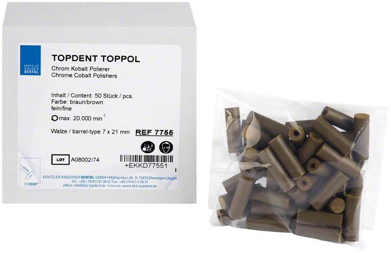 TOPDENT® TopPol Polierer Walze fein, braune Walzen in Verpackung.