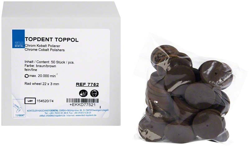 TOPDENT® TopPol Polierer Rad fein, braun, 22 x 3mm, 50 Stück in Verpackung.