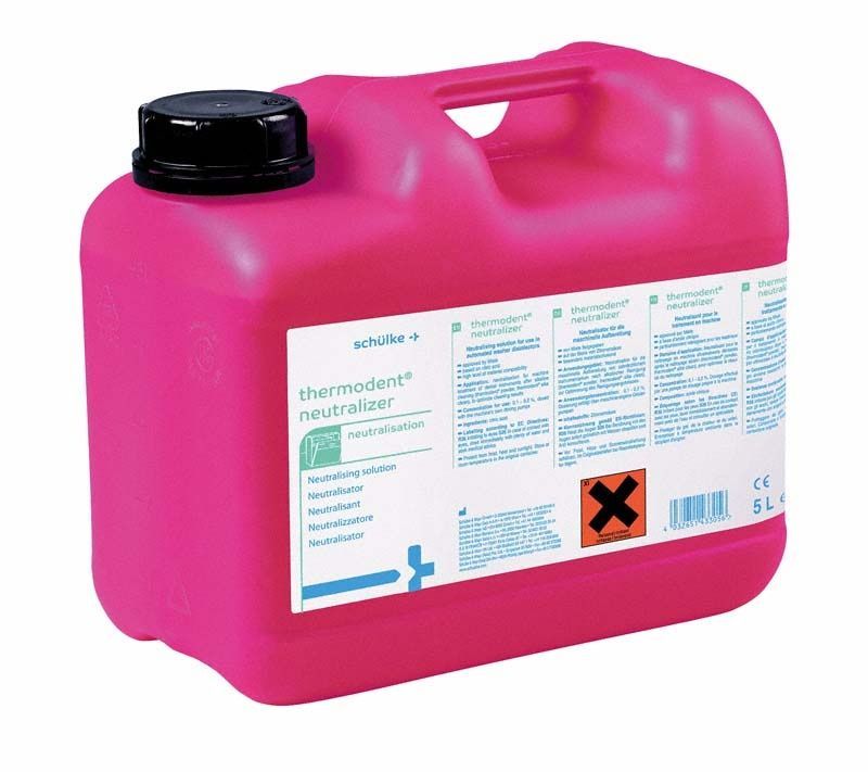 Thermodent Neutralizer in rosa 5-Liter-Kanister mit Etikett und Sicherheitswarnung.