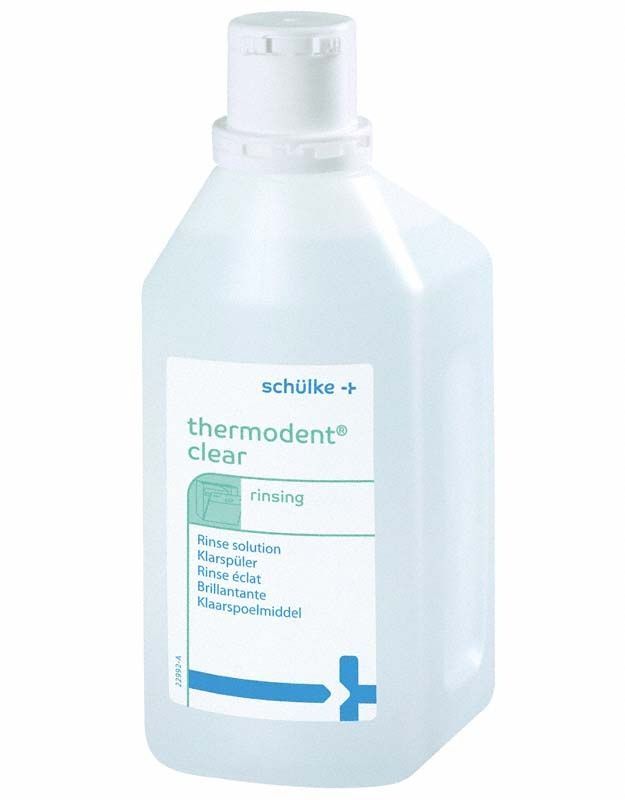 Thermodent clear Klarspülerflasche mit Etikett und Schülke-Logo.