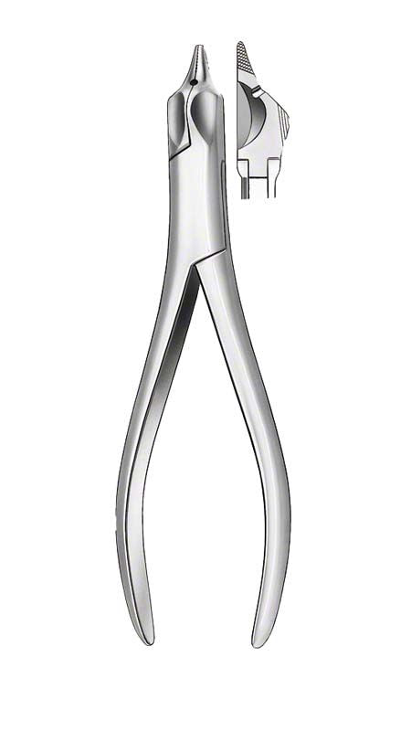 Universal-Kramponzange für kieferorthopädische Drähte mit Detailansicht der Spitze.