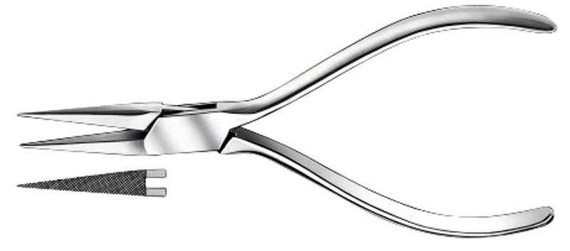 Flach-Spitzzange gerieft 140mm für kieferorthopädische Anwendungen.
