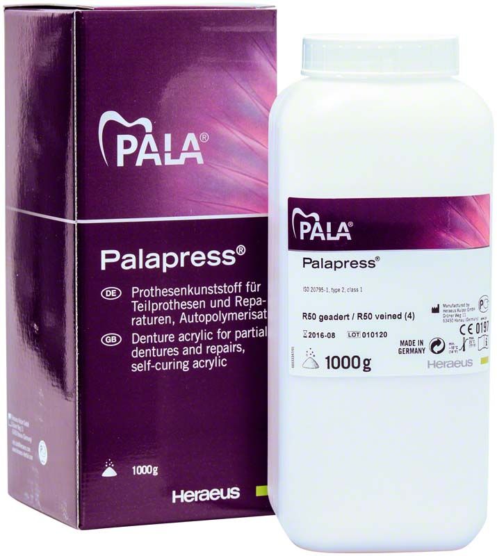 Palapress® Pulver 1000g Verpackung für Teilprothesen mit Produktinformationen.