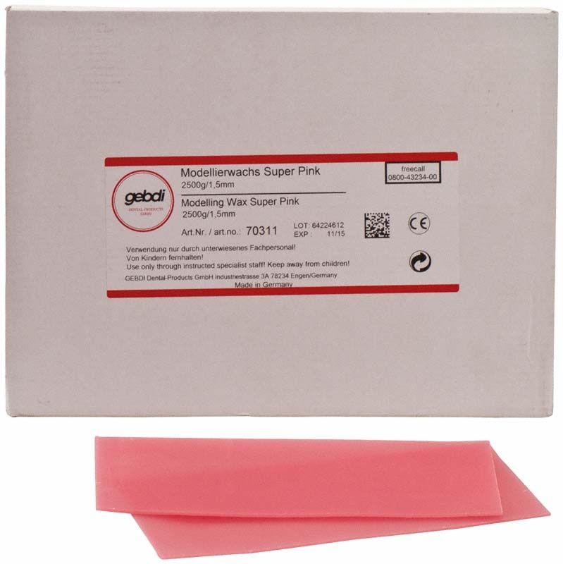 Modellierwachs Super Pink 2500g Packung mit rosa Wachsplatten.