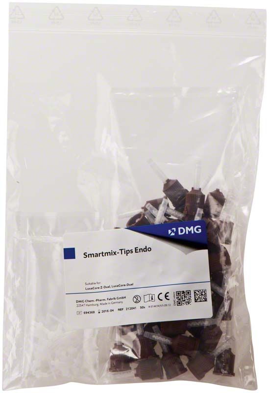 Smartmix-Tips Endo Mischkanülen in transparenter Verpackung mit Etikett.