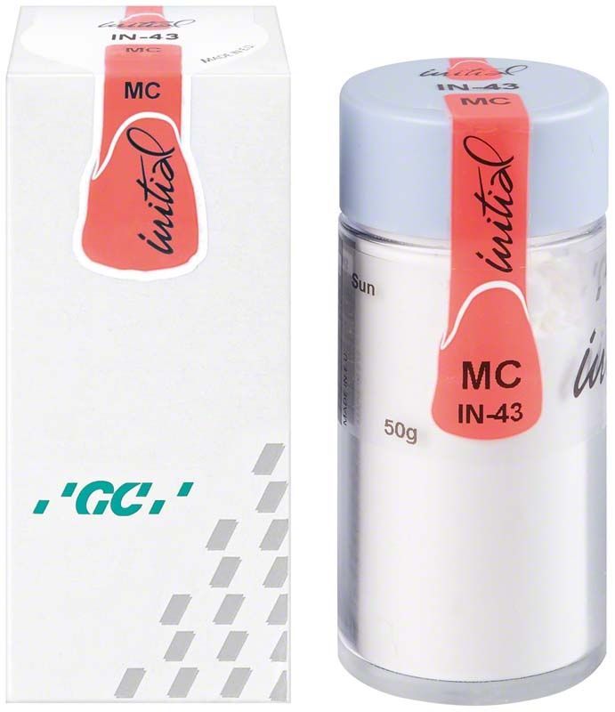Glasbehälter mit weißem Pulver und Verpackung, beschriftet mit "GC Initial MC IN-43 Sun".