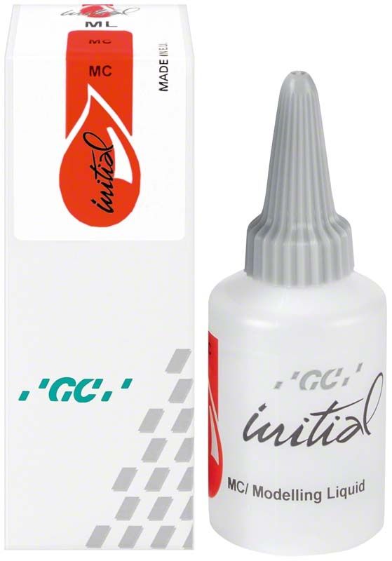 Flasche mit GC Initial MC Modelling Liquid 25ml und Verpackung.