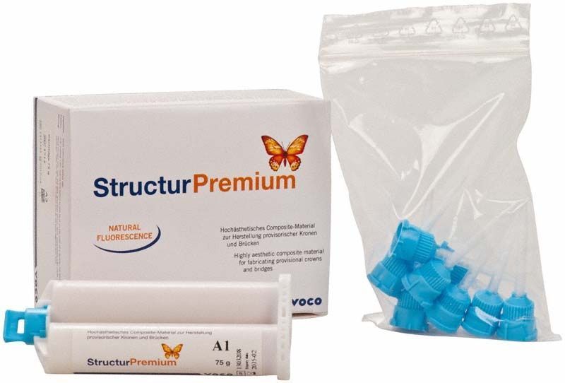 Structur premium Kartusche A1 75g mit Verpackung und blauen Mischdüsen.