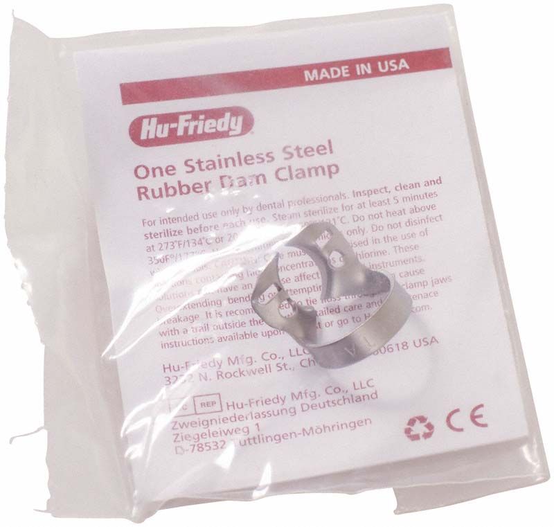 Kofferdam-Klammer aus Satin-Stahl in Einzelverpackung.