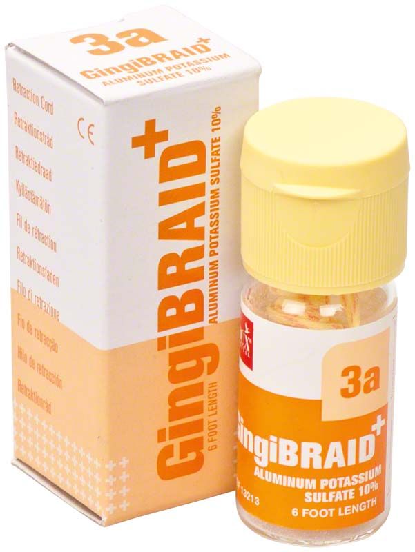 GingiBRAID+ Retraktionsfäden Verpackung und Fläschchen mit gelbem Etikett.