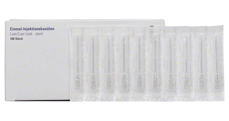 Einmal-Injektionskanülen Luer 0,4 x 42mm in Blisterverpackung vor Kartonbox.