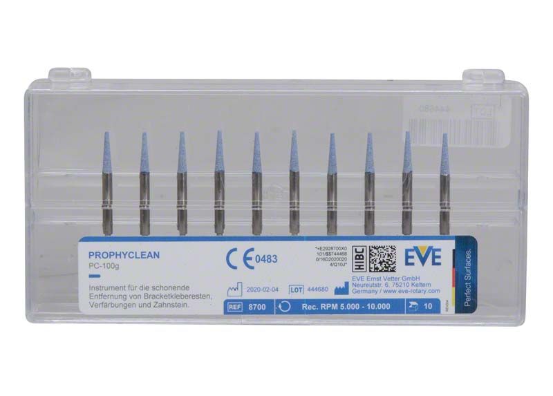 Prophylaxepolierer EVE PROPHYCLEAN® blau 10er Set mit grober Spitze in Verpackung.