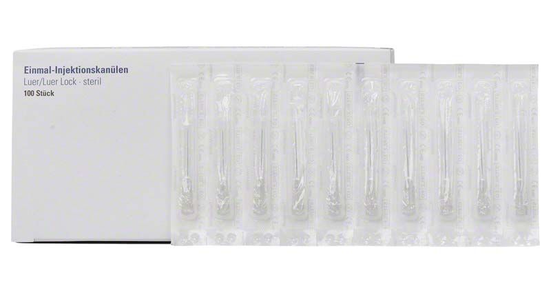 Einmal-Injektionskanülen Luer 0,4 x 23mm in Blisterverpackung vor weißer Box.