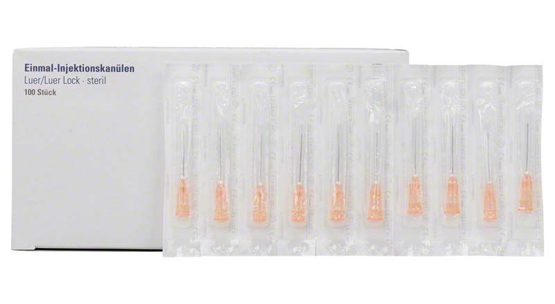 Einmal-Injektionskanülen Luer 0,5 x 23mm in Blisterverpackung vor weißer Schachtel.