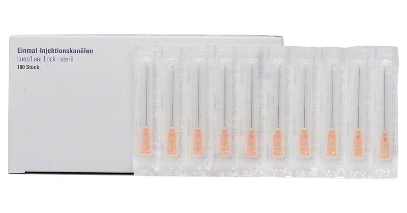 Einmal-Injektionskanülen Luer 0,5 x 42mm in Blisterverpackung vor weißer Schachtel.
