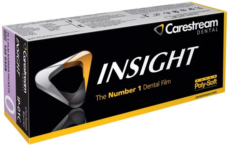 Carestream Dental Insight Filmpackung mit schwarzem Design und gelben Akzenten.