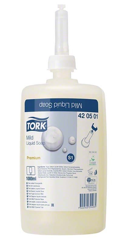 Tork milde Flüssigseife Flasche 1l mit Spenderaufsatz.