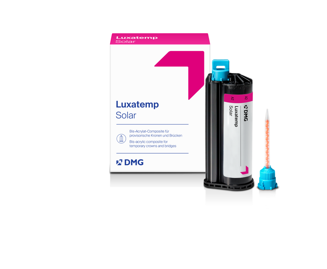 Luxatemp Solar Kartusche A2 mit Verpackung, dentaler Kronen- und Brückenmaterial.