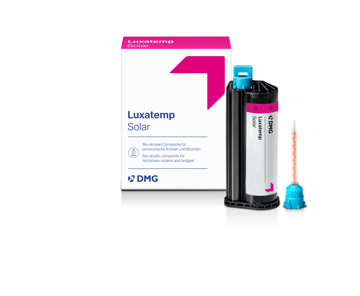 Luxatemp Solar Kartusche A2 mit Verpackung, dentaler Kronen- und Brückenmaterial.