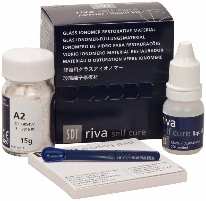 Riva Self Cure Kit A2 mit Glas-Ionomer-Pulver, Flüssigkeit und Mischblock.