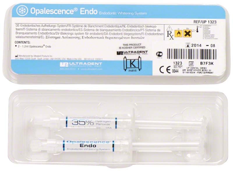 Opalescence™ Endo Aufhellungsgel-Kit mit zwei Spritzen und Produktinformationen.