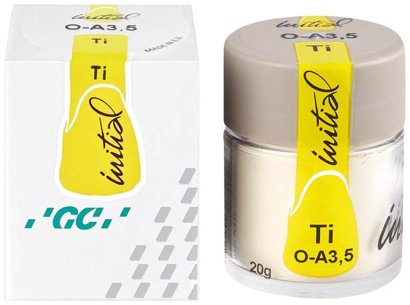 Pulveropaques Material GC Initial Ti O-A3,5 in Verpackung und Behälter.