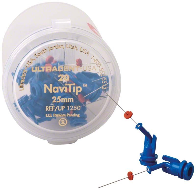 Navi Tips™ 30ga 25mm Applikatoren in blauer Verpackung.
