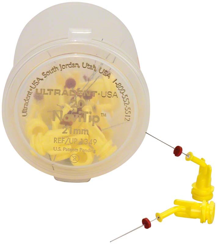 Navi Tips™ 30ga 21mm, gelbe Applikatoren mit gebogenem Kunststoffhals.