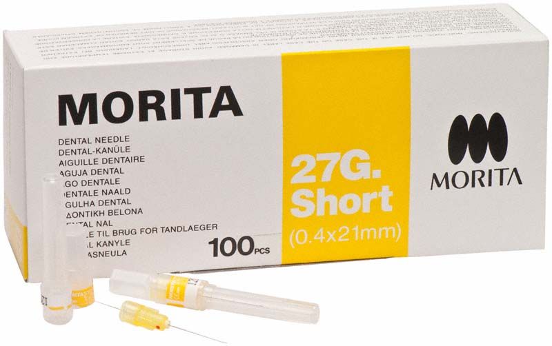 MORITA Dental-Kanülen 27G Short, 100 Stück, Verpackung mit gelbem Siegel.