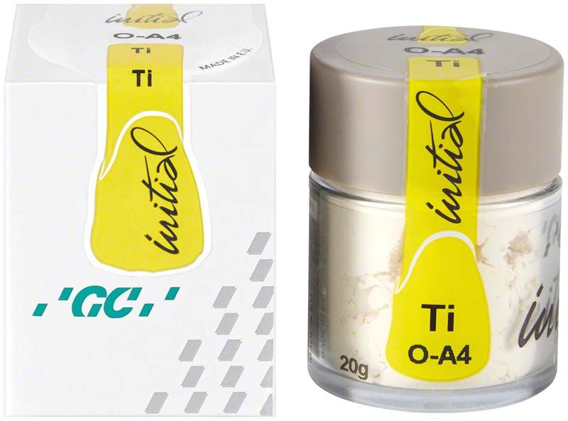 Pulverförmige Opaker GC Initial Ti OA4 im Glasbehälter mit Verpackung.