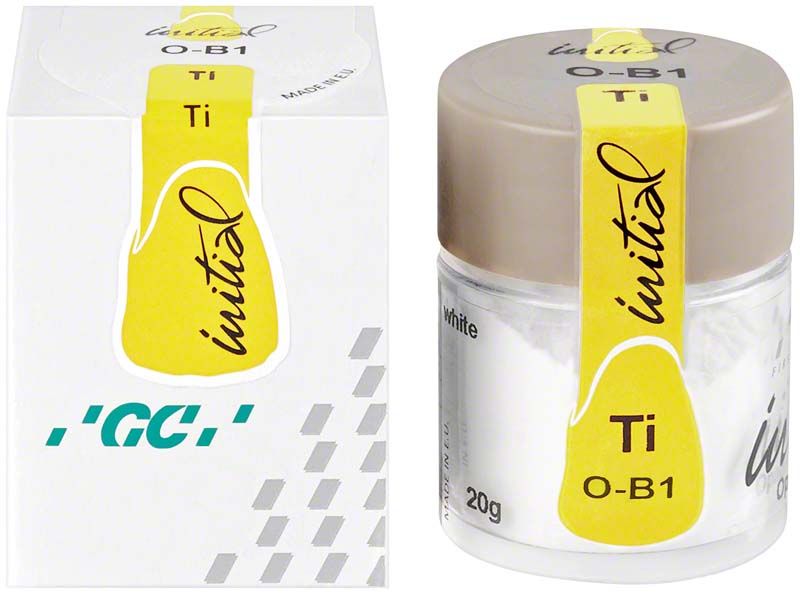 GC Initial Ti Powder Opaque OB1 in Verpackung mit gelbem Etikett.