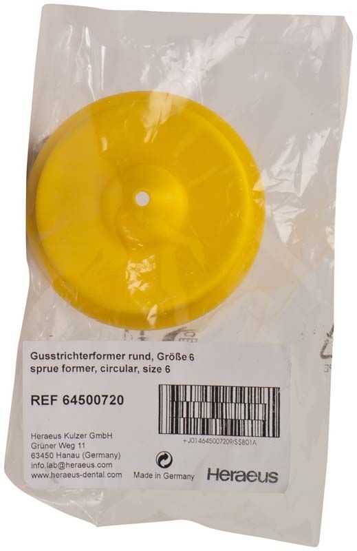 Gelber Gusstrichterformer Größe 6 in transparenter Verpackung mit Etikett.