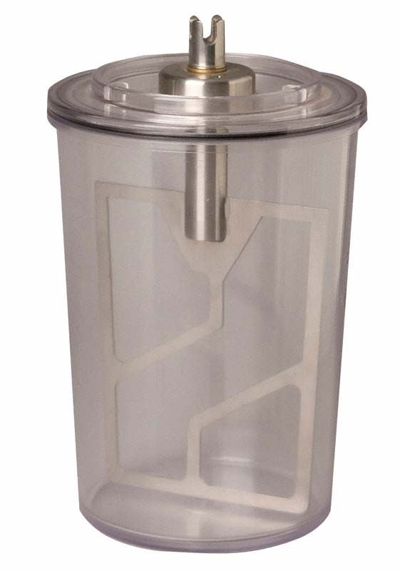 Transparenter WAMIX Anmischbecher 1 L mit Deckel und Rührmechanismus.