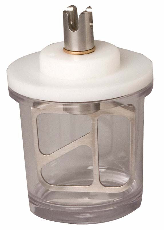 Transparenter WAMIX Anmischbecher 75 ml mit weißem Deckel und Metallaufsatz.