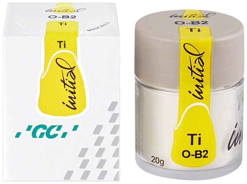 GC Initial Ti Powder Opaque OB2 in Kunststoffdose mit gelbem Etikett.