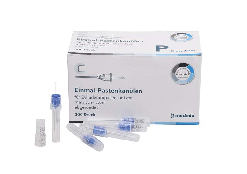 Einmal-Pastenkanülen 23G für Zylinderampullenspritzen, Verpackung mit 100 Stück.