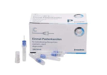 Einmal-Pastenkanülen 23G für Zylinderampullenspritzen, Verpackung mit 100 Stück.