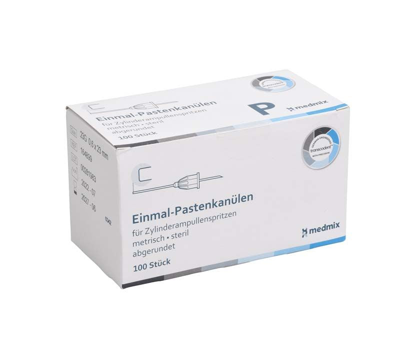 Einmal-Pastenkanülen-Verpackung mit 100 Stück, steril und abgerundet.