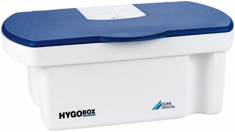 Hygobox mit blauem Deckel und weißem Siebeinsatz für Dentalinstrumente.