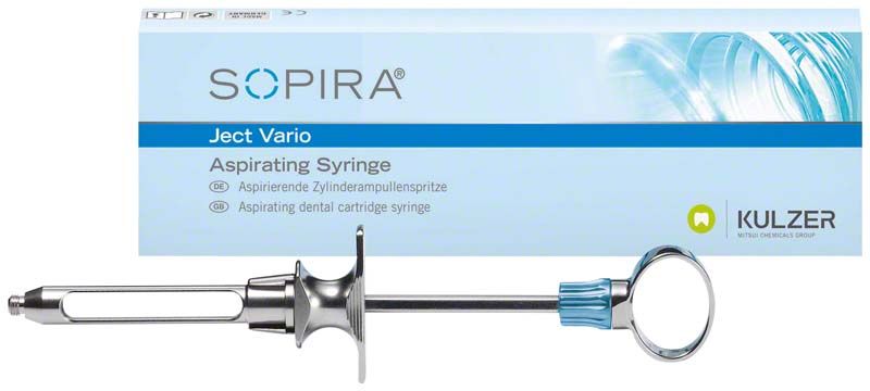Aspirierende Zylindampullenspritze SOPIRA® Ject Vario mit Verpackung.