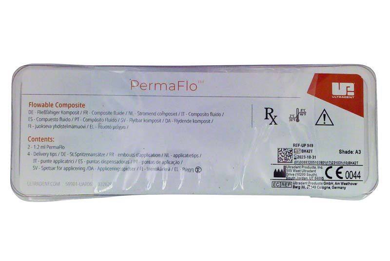 PermaFlo Spritzen A3-Verpackung mit Produktinformationen und Herstellerlogo.