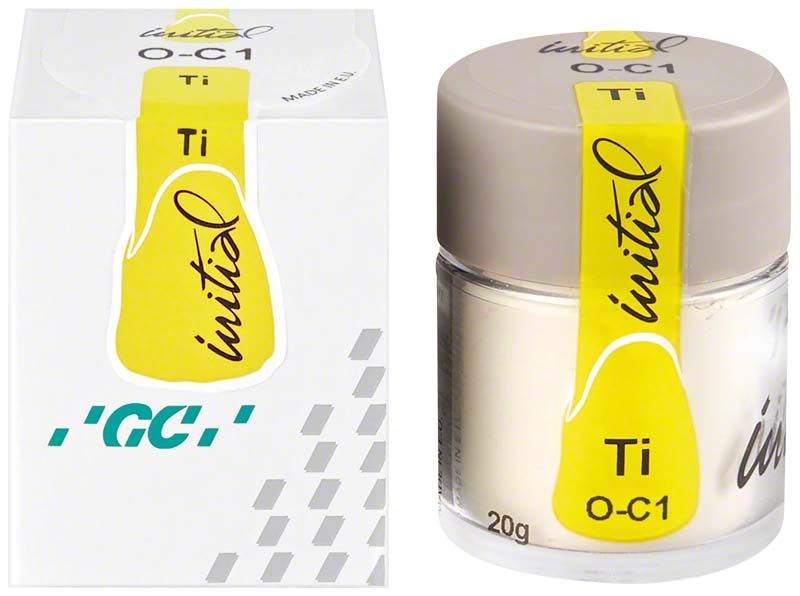 GC Initial Ti Powder Opaque OC1 in Kunststoffbehälter mit gelbem Etikett.