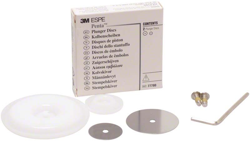 Pentamix™ Kolbenscheiben-Set mit Verpackung und Zubehörteilen.