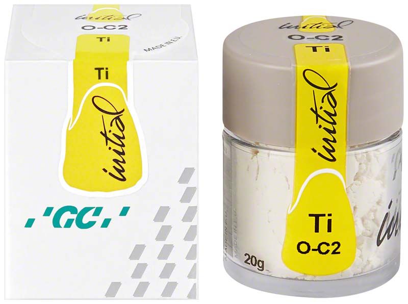 Glasbehälter mit GC Initial Ti Powder Opaque OC2, gelbes Etikett.