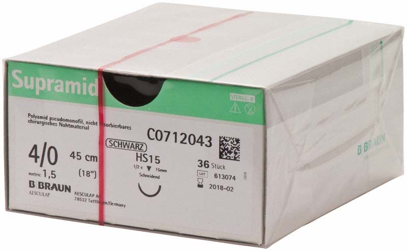 Supramid® 4/0 chirurgisches Nahtmaterial in Originalverpackung.