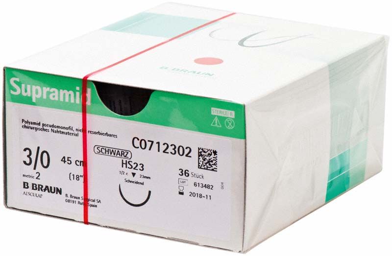 Supramid® 3/0 HS23 chirurgisches Nahtmaterial in Originalverpackung.