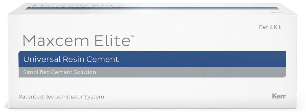 Maxcem Elite Refill Kit Verpackung mit Produktinformationen und Kerr-Logo.