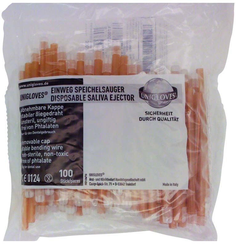 Einweg-Speichelsauger mit orangen Kappen in Plastikverpackung, 100 Stück.