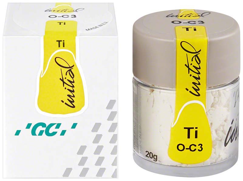 Transparenter Behälter mit GC Initial Ti Powder Opaque OC3 und Verpackung.