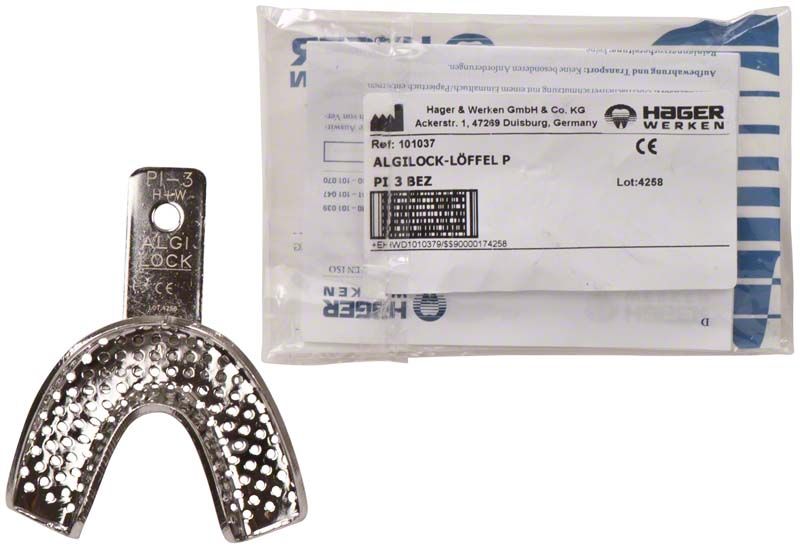 Perforierter Metallabformlöffel ALGILOCK®-LÖFFEL UK PI 3 mit Verpackung.